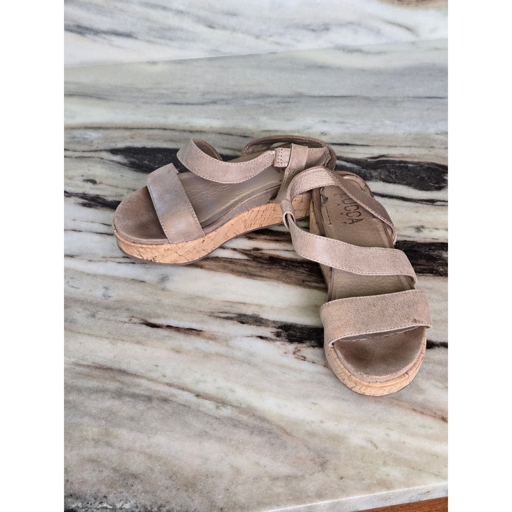 Lucca Lane Womens‎ Metallic Taupe Leather Cork Platform Wedge Sandals Size 6